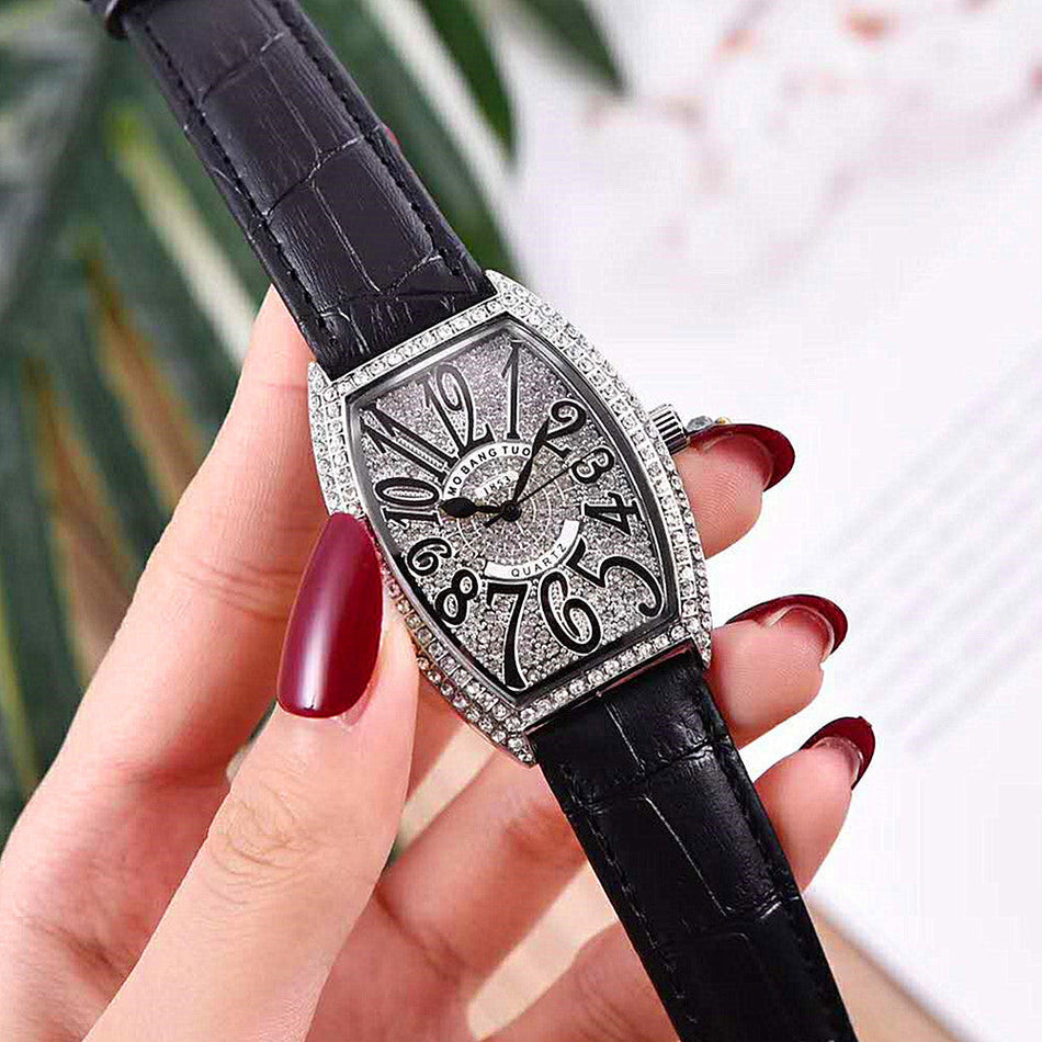 Diamond Detail Barrel Watch with Genuine Leather Strap