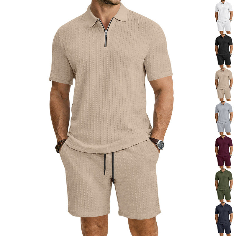 Men's Waffle Striped Polo and Shorts Set