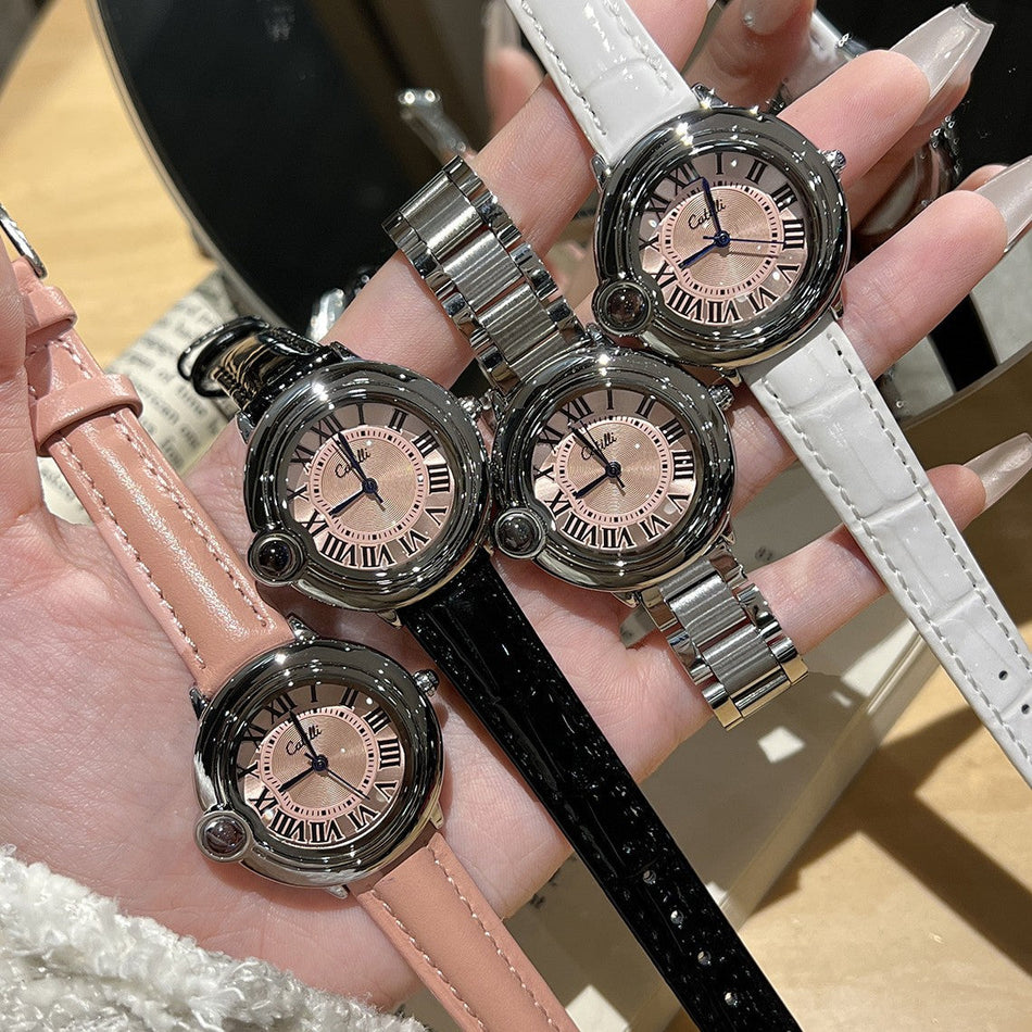 Pink Dial Quartz Watch with Genuine Leather Strap