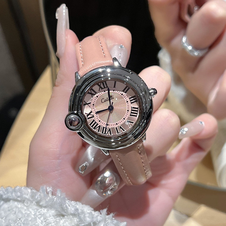 Pink Dial Quartz Watch with Genuine Leather Strap