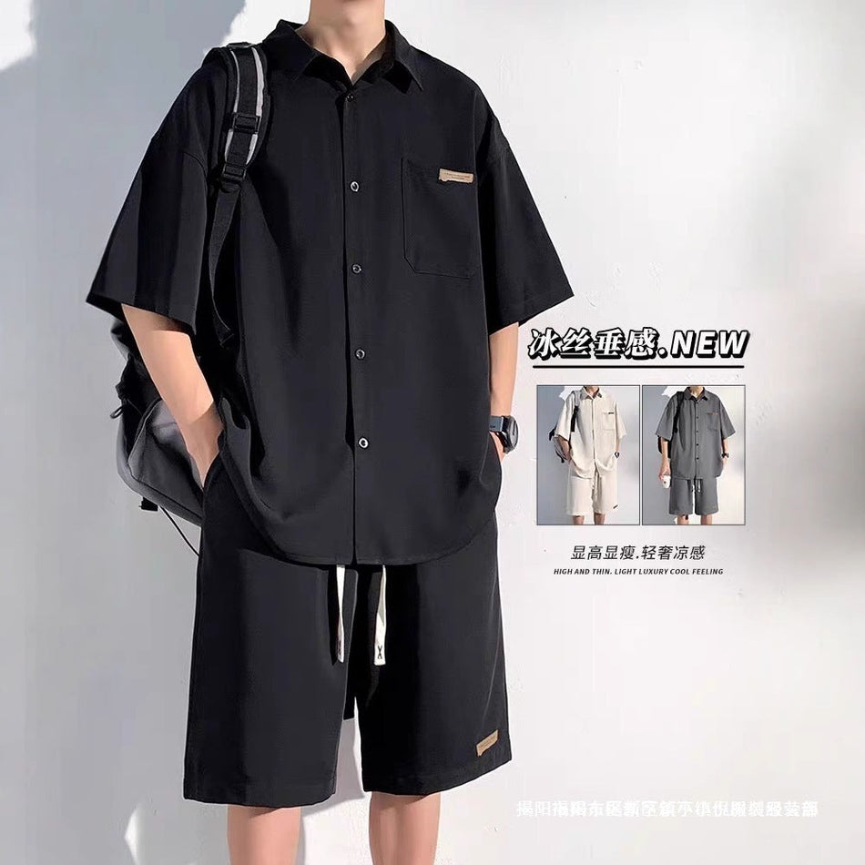 Men's Ice Silk Lapel Shirt and Shorts Set