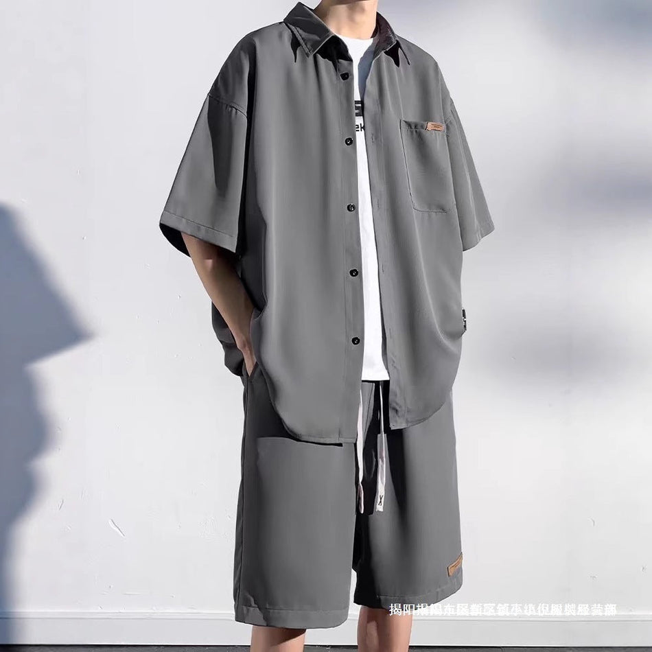 Men's Ice Silk Lapel Shirt and Shorts Set