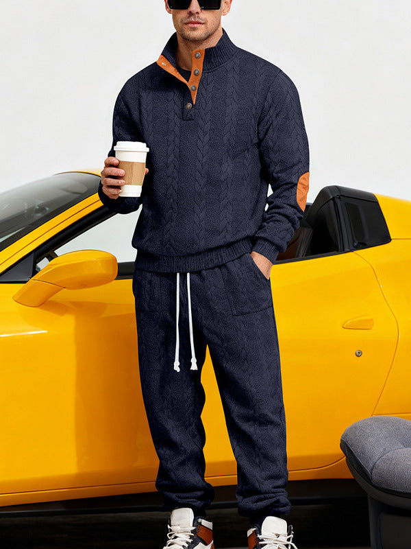 Men's Textured Stand Collar Pants Set