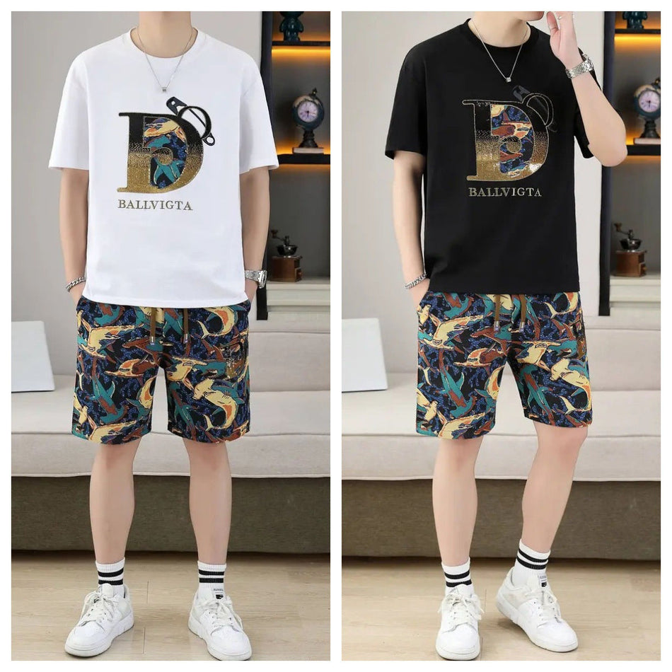 Men's Retro Printed T-Shirt and Shorts Set