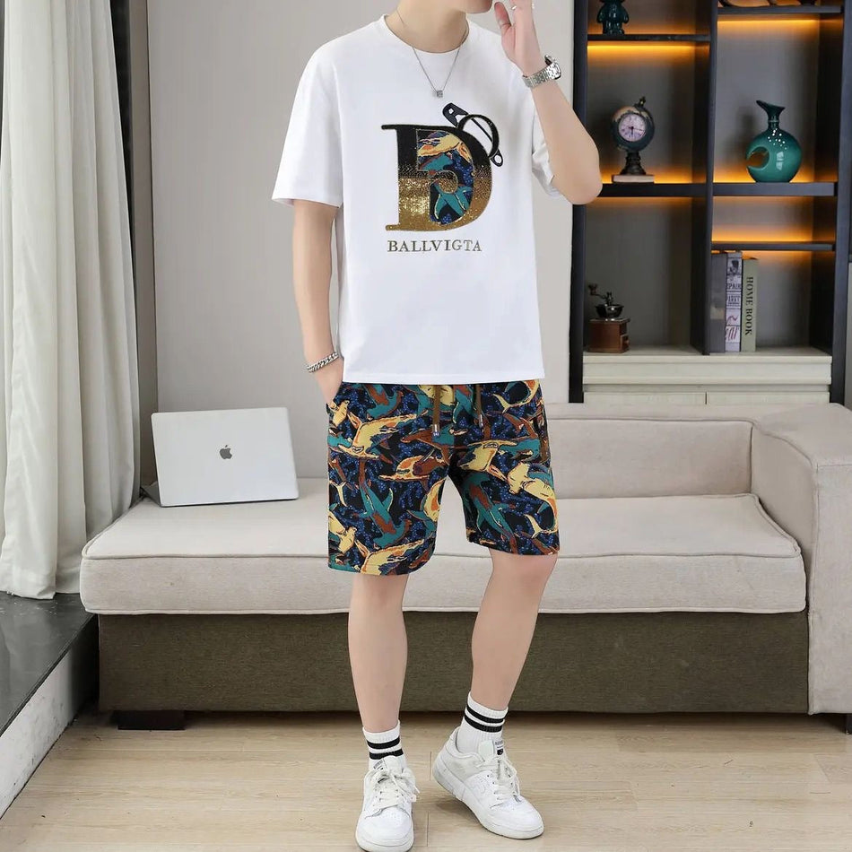 Men's Retro Printed T-Shirt and Shorts Set