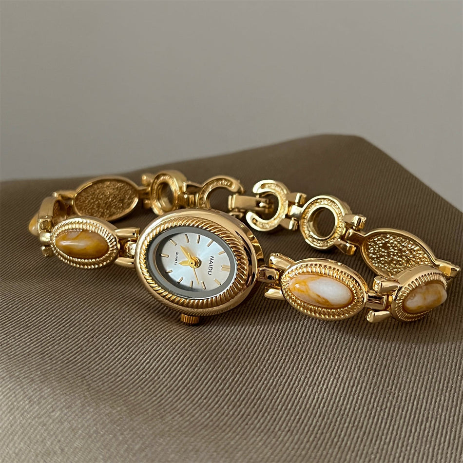 Vintage Oval Gold Bracelet Watch for Women