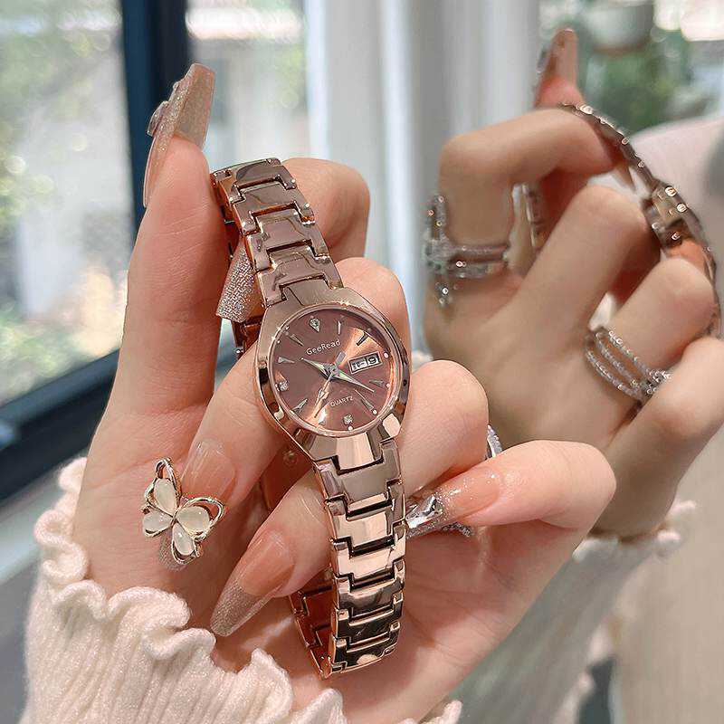 Golden Tungsten Steel Quartz Watch with Calendar for Women