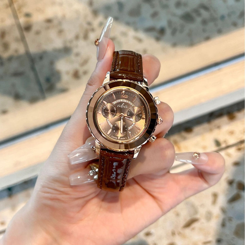 Three-Eye Diamond Detail Watch with Leather Strap