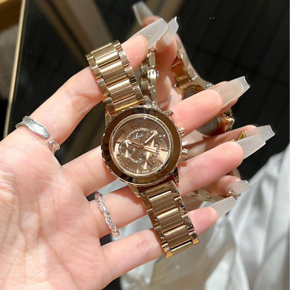 Three-Eye Diamond Detail Watch with Leather Strap
