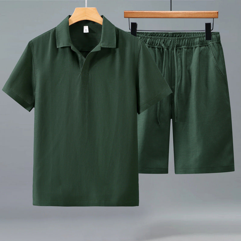 Mens Short-Sleeve Polo Shirt and Trousers Two-Piece Suit