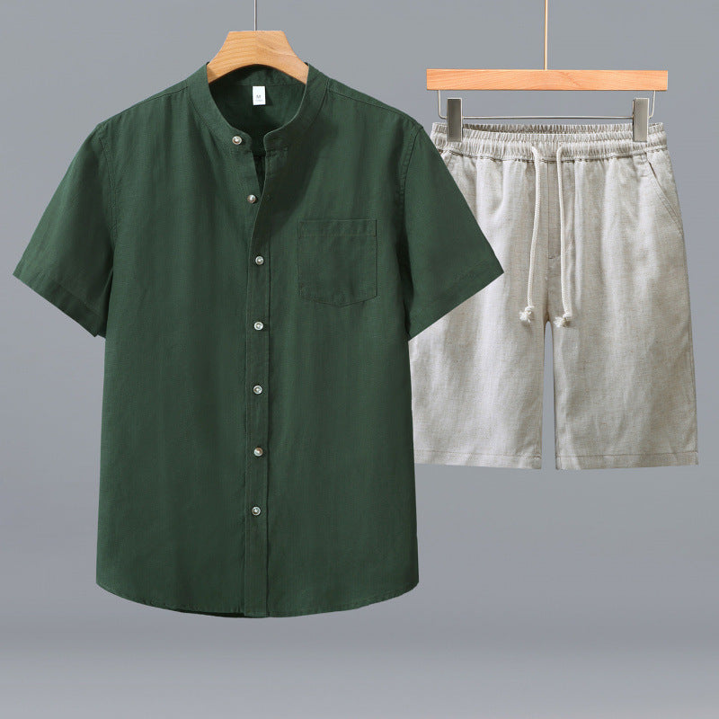 Men's Tencel Linen Stand Collar Shirt and Shorts Set