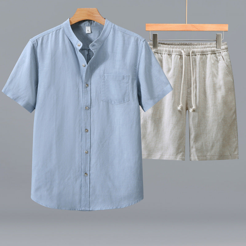 Men's Tencel Linen Stand Collar Shirt and Shorts Set