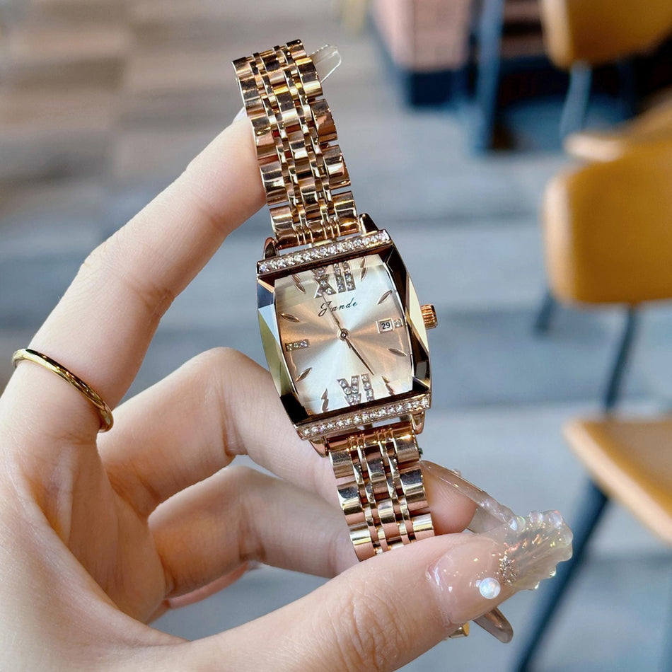 Luxury Barrel Quartz Watch with Steel Bracelet for Women