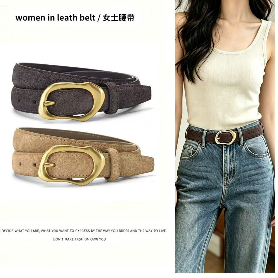 Genuine Suede Leather Belt with Ring Buckle for Women