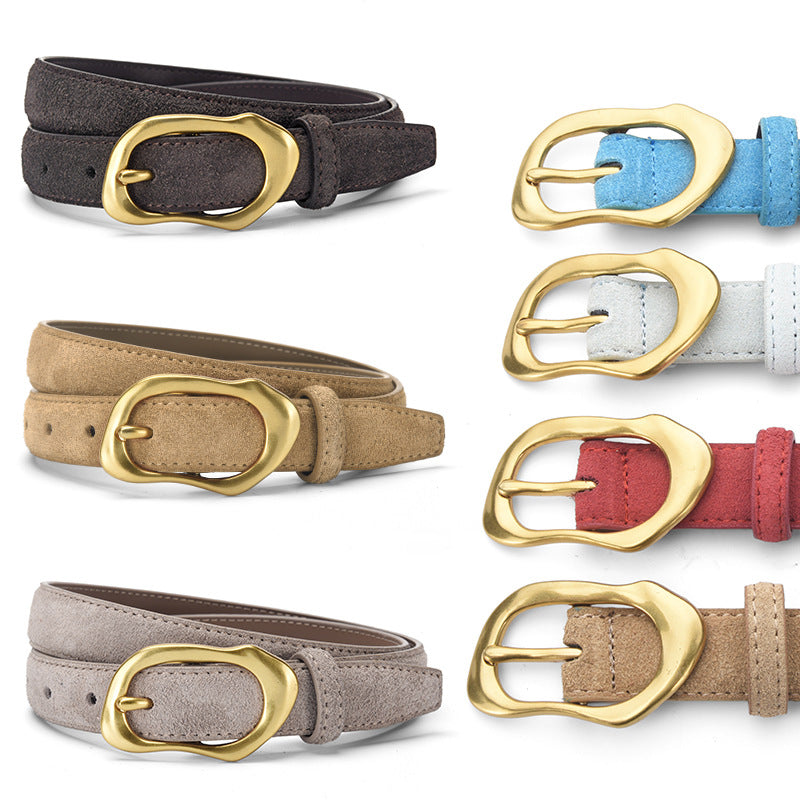 Genuine Suede Leather Belt with Ring Buckle for Women