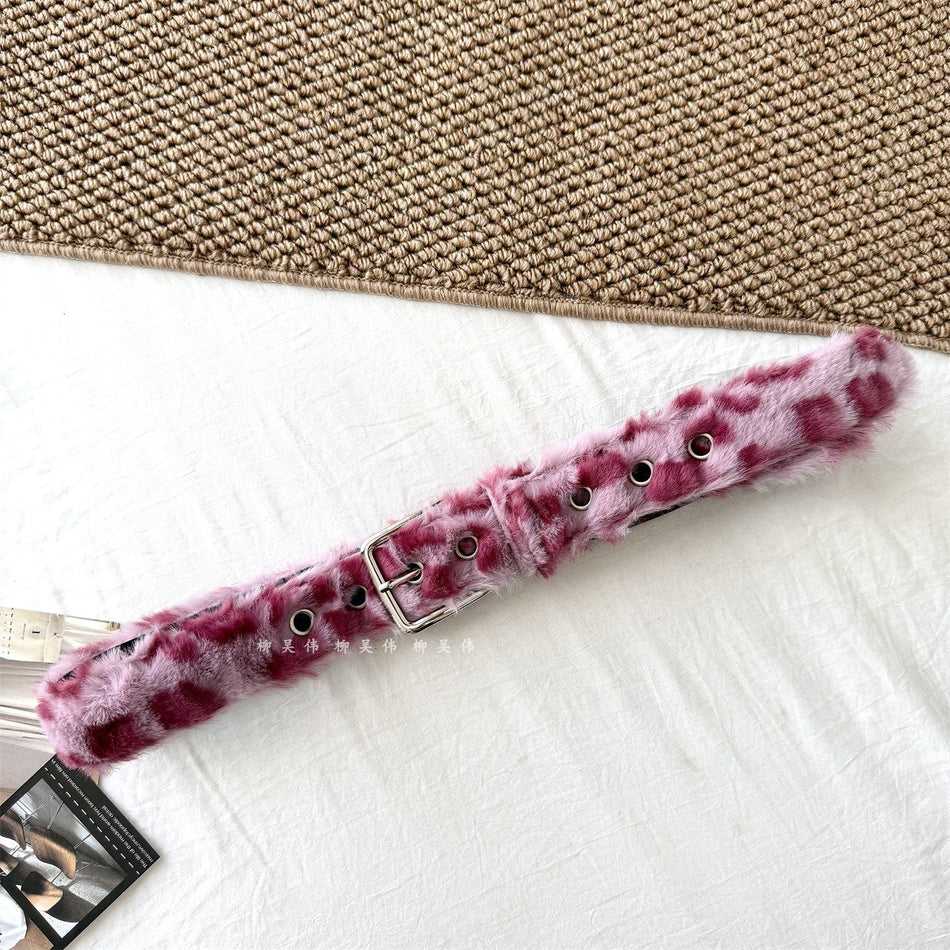 Leopard Print Plush Belt with Circle Buckle for Women
