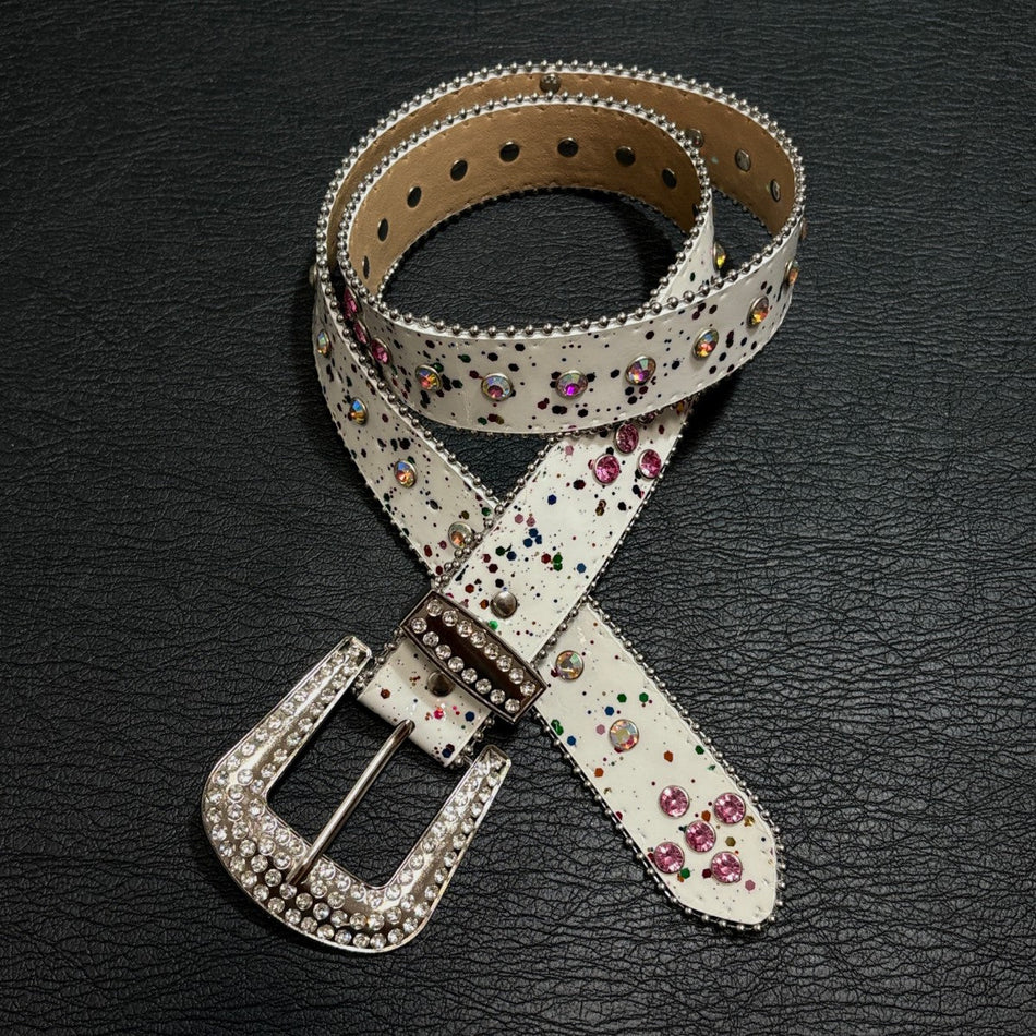 Colorful Rhinestone PU Belt with Punk Buckle for Women