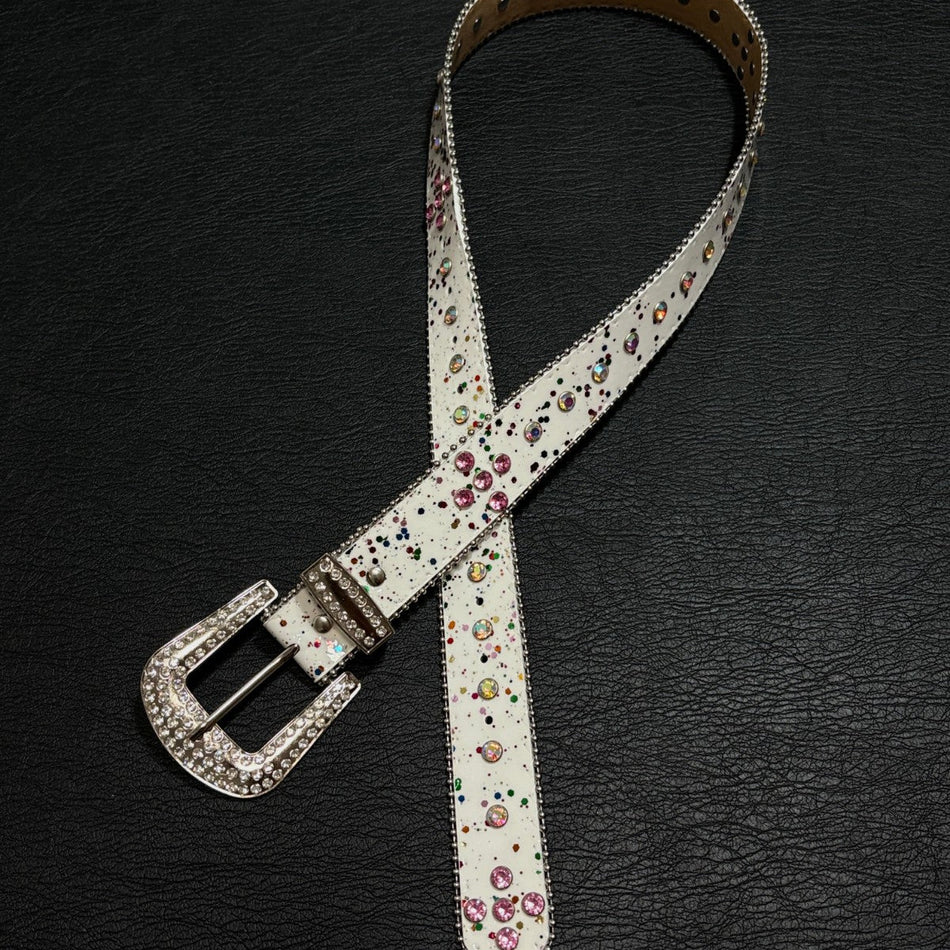 Colorful Rhinestone PU Belt with Punk Buckle for Women