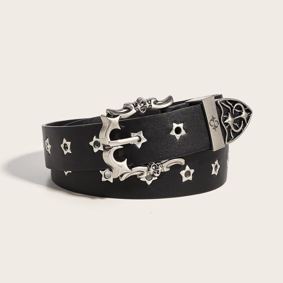 Vintage Star Rivet PU Belt with Full-Hole Design