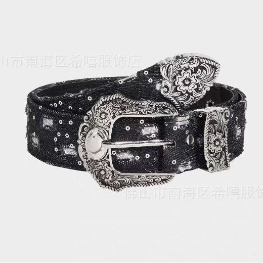 Vintage Carved PU Belt with Asymmetrical Design for Unisex