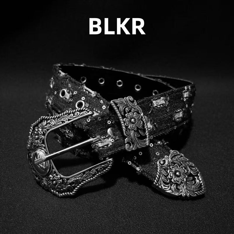 Vintage Carved PU Belt with Asymmetrical Design for Unisex