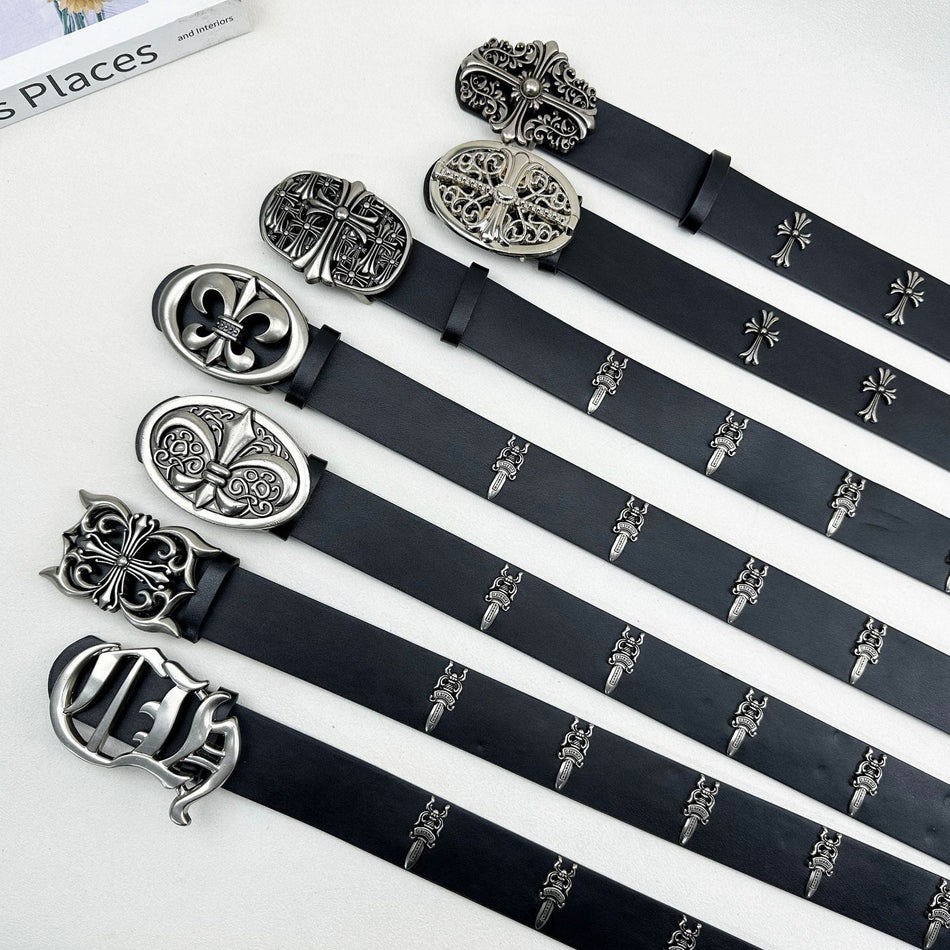 Vintage Cross Rivet PU Belt with Embossed Pattern