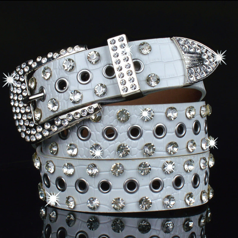 Rhinestone Wide Imitation Leather Belt with Pin Buckle