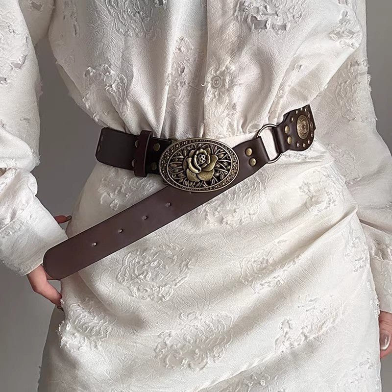 Studded PU Belt with Vintage Buckle for Women