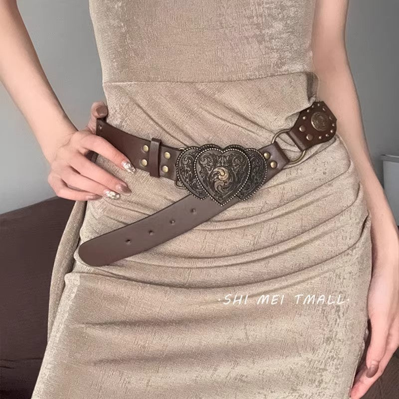 Studded PU Belt with Vintage Buckle for Women