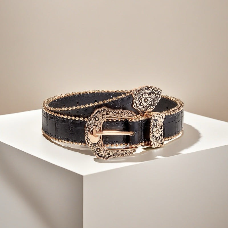 Retro Totem PU Belt with Embossed Buckle for Women