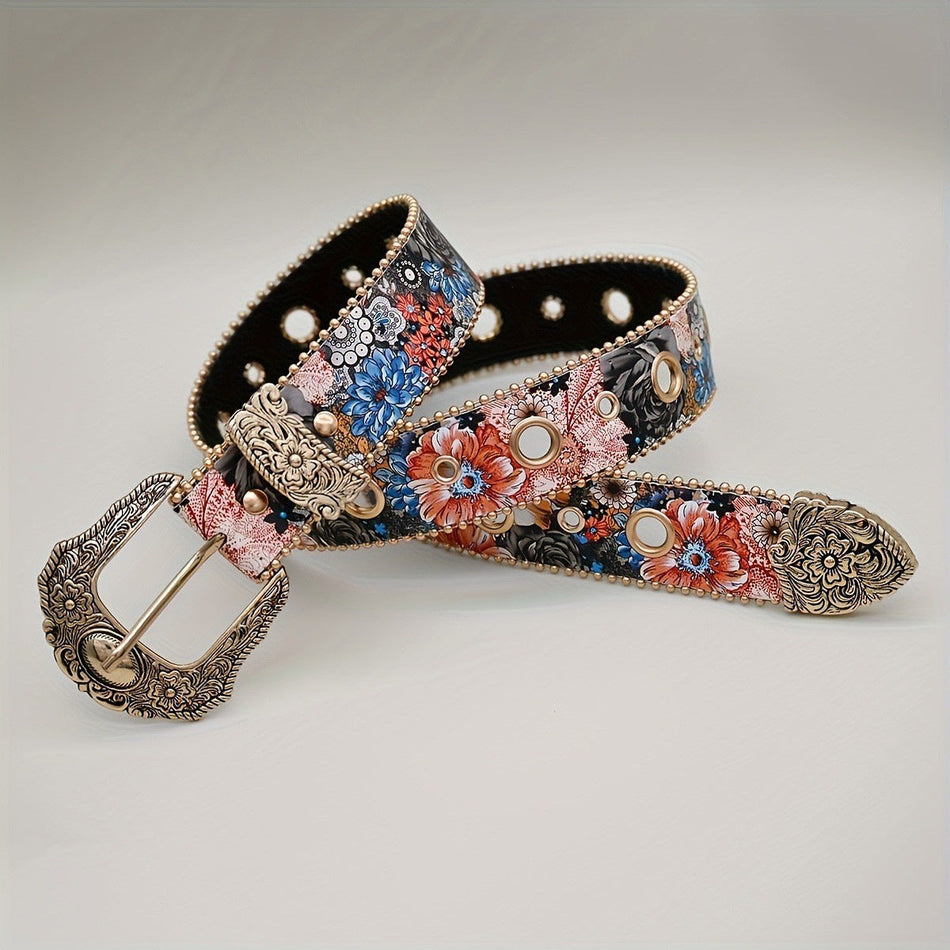 Floral Printed PU Belt with Vintage Metal Buckle for Women