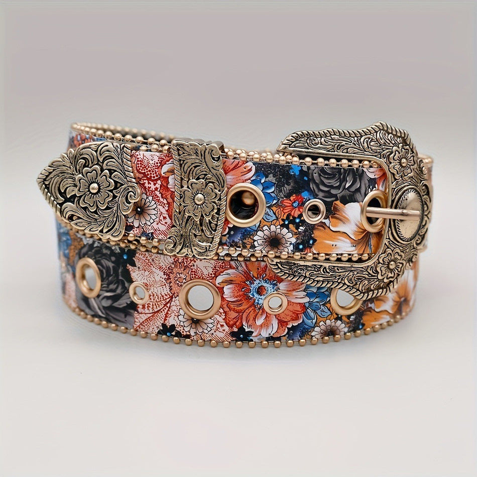 Floral Printed PU Belt with Vintage Metal Buckle for Women