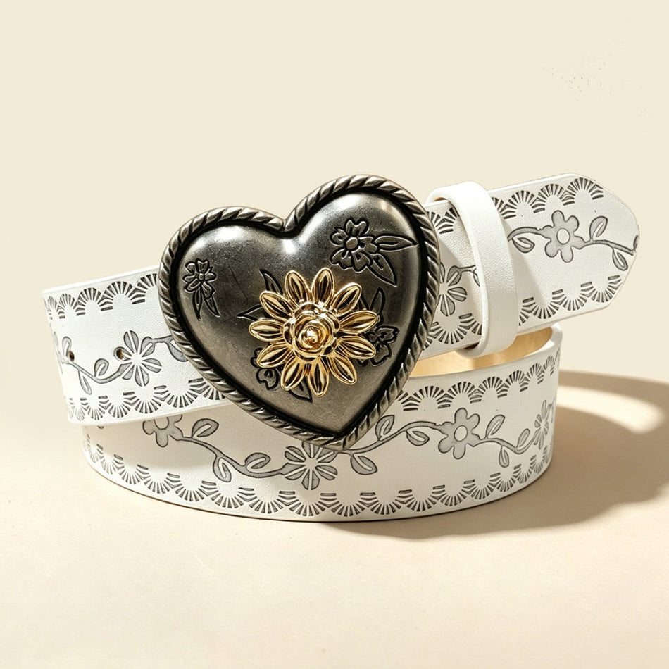Embossed PU Belt with Floral Diamond Detail for Women