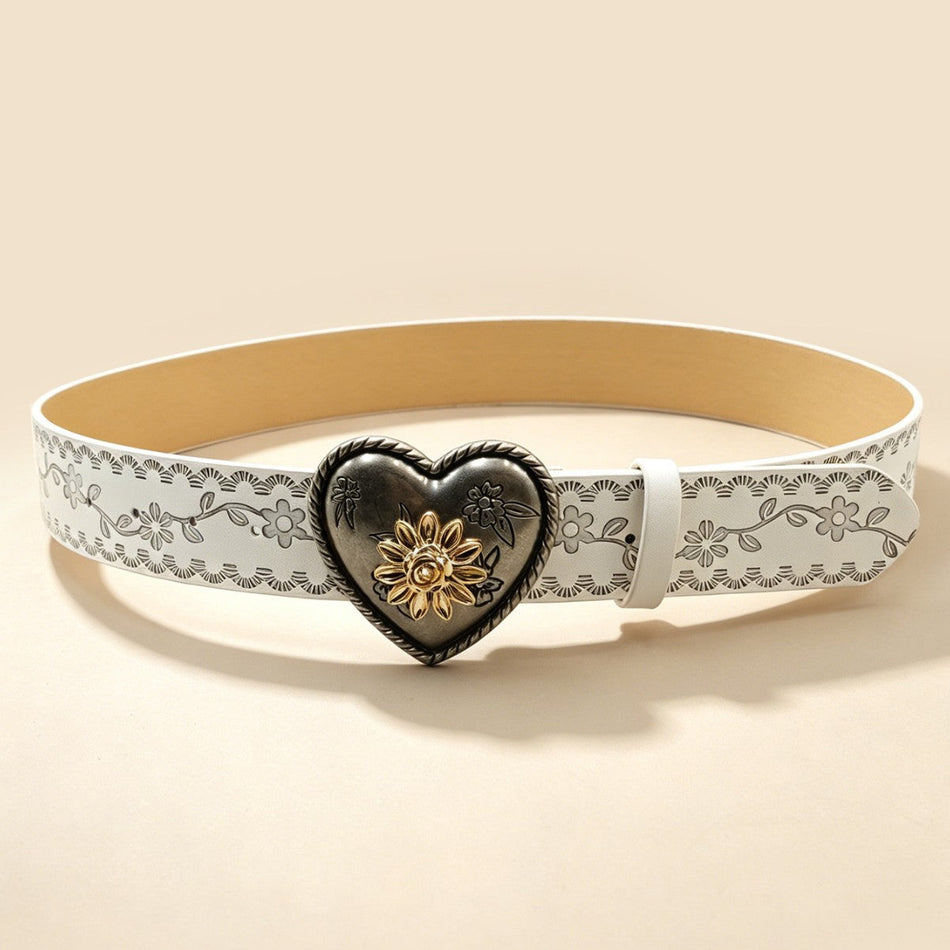 Embossed PU Belt with Floral Diamond Detail for Women