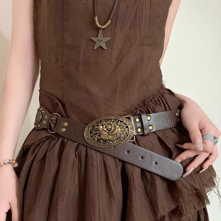 Brown Bohemian PU Belt with Vintage Buckle for Women