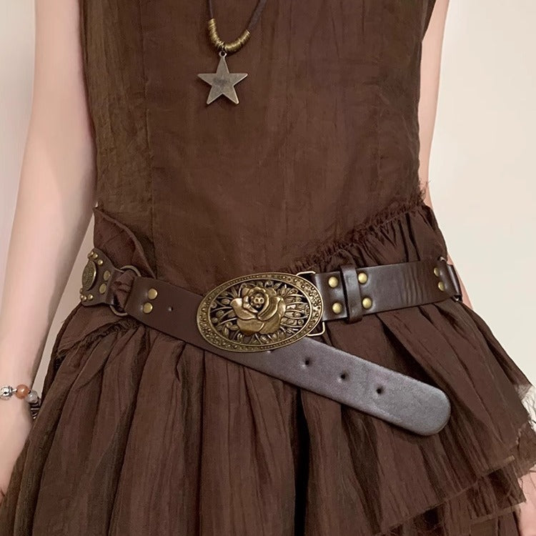 Brown Bohemian PU Belt with Vintage Buckle for Women