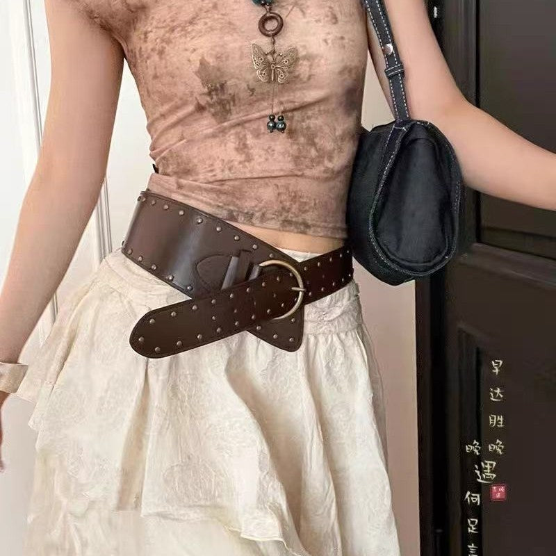 Punk Rivet Wide PU Belt with Vintage Finish for Women