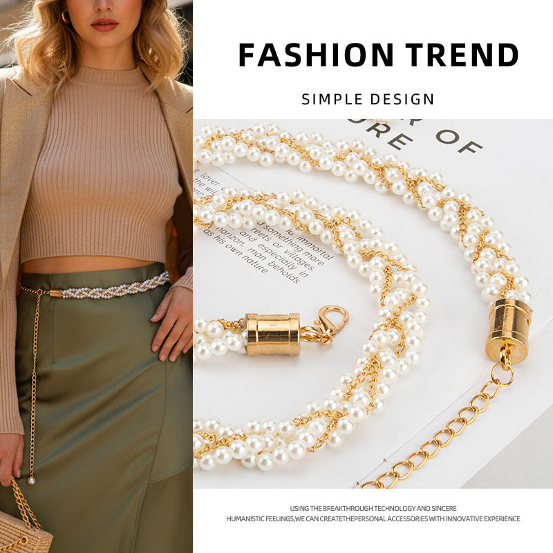 Women's Pearl Chain Waist Belt – Elegant Metal Dress & Sweater