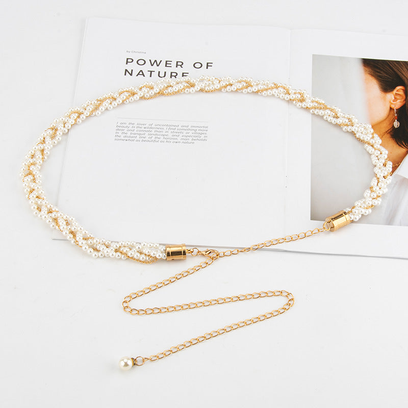 Women's Pearl Chain Waist Belt – Elegant Metal Dress & Sweater