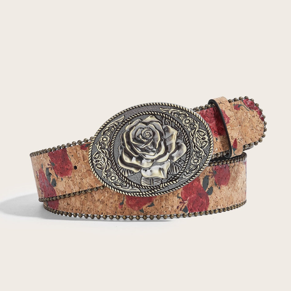 Women's Retro Rose Belt – European Style Printed Beaded PU Jeans
