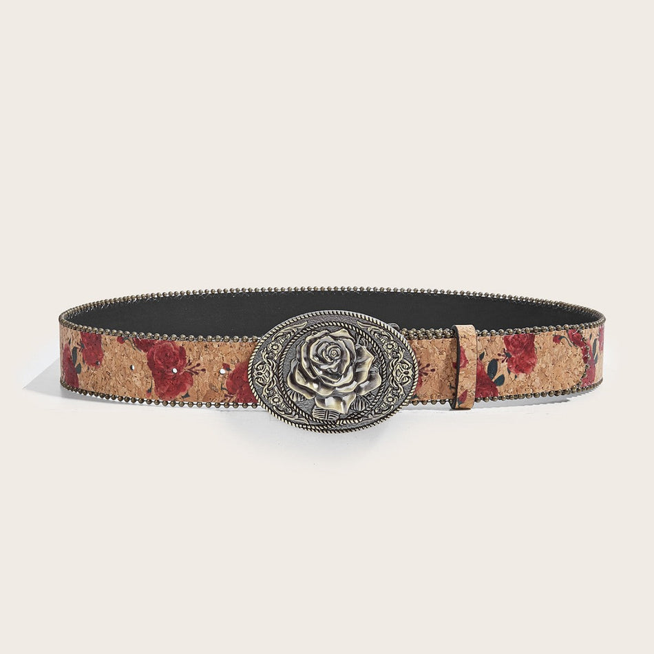 Women's Retro Rose Belt – European Style Printed Beaded PU Jeans