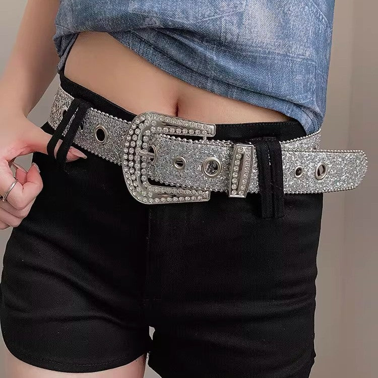 Women's Rhinestone Sequin Belt – Y2K Star Metal Jeans Waist Belt
