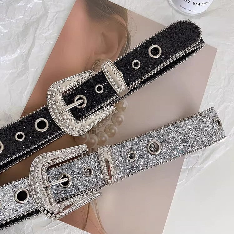 Women's Rhinestone Sequin Belt – Y2K Star Metal Jeans Waist Belt