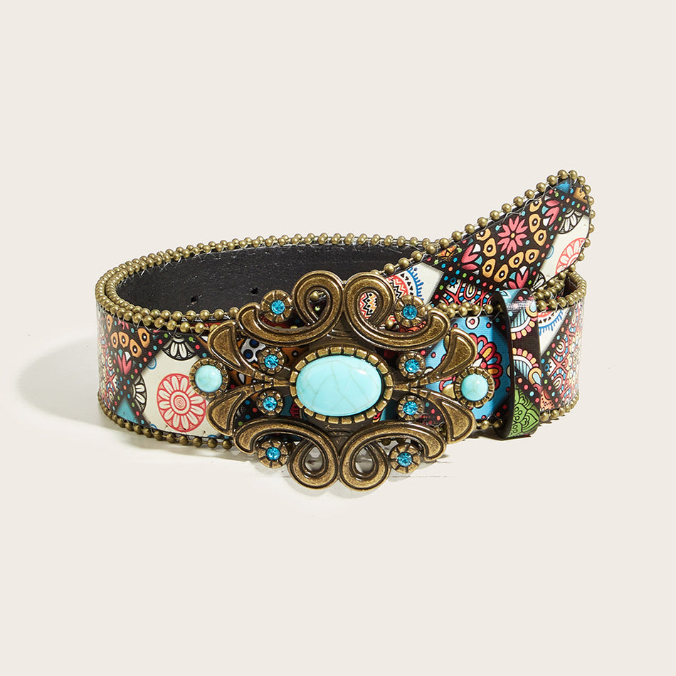 Turquoise Beaded Bohemian Western Buckle Belt for Women