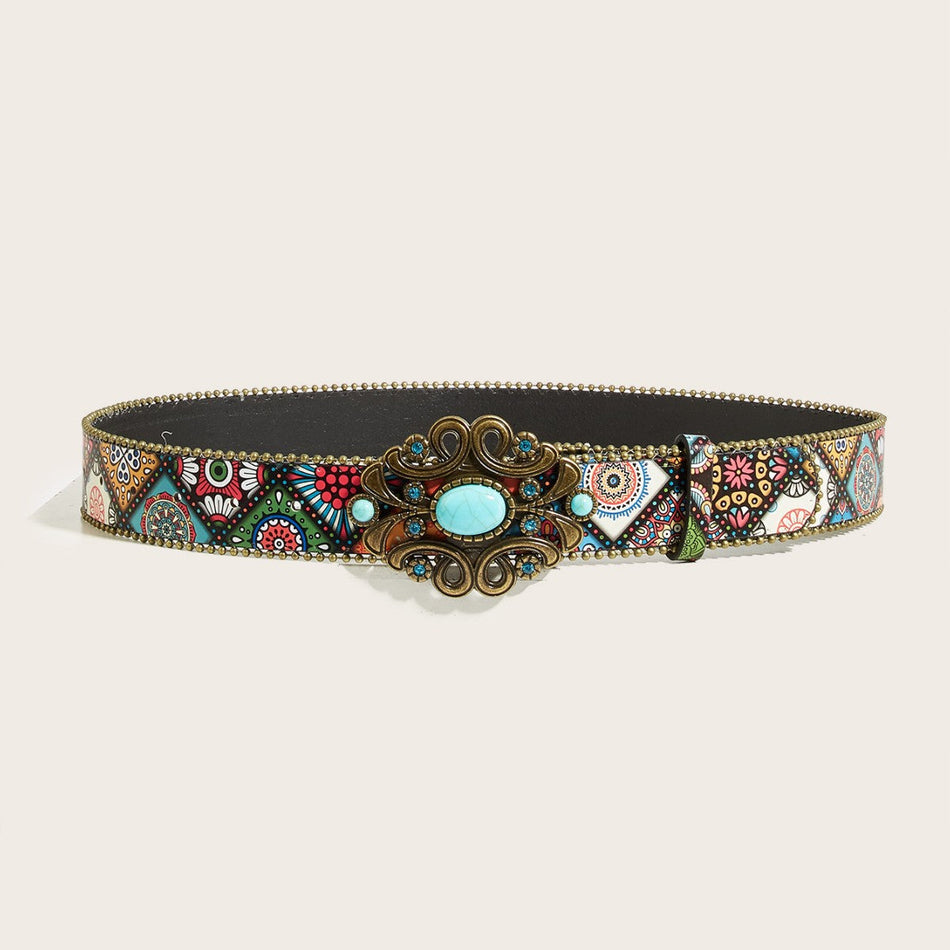 Turquoise Beaded Bohemian Western Buckle Belt for Women