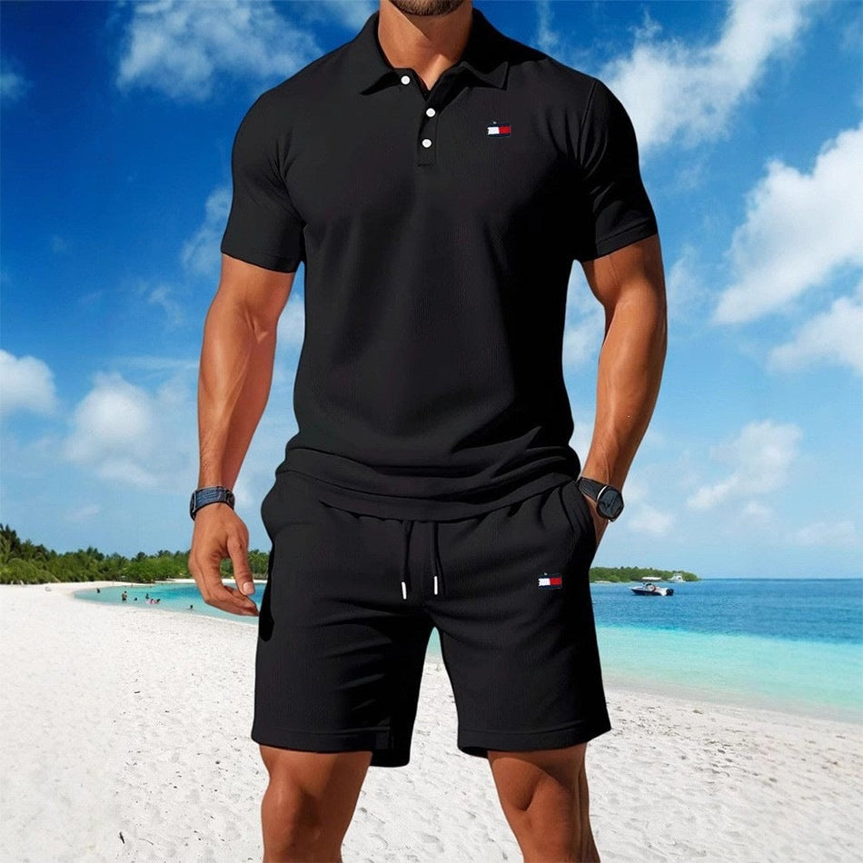 Men's Loose Printed Polo Shirt & Shorts Set