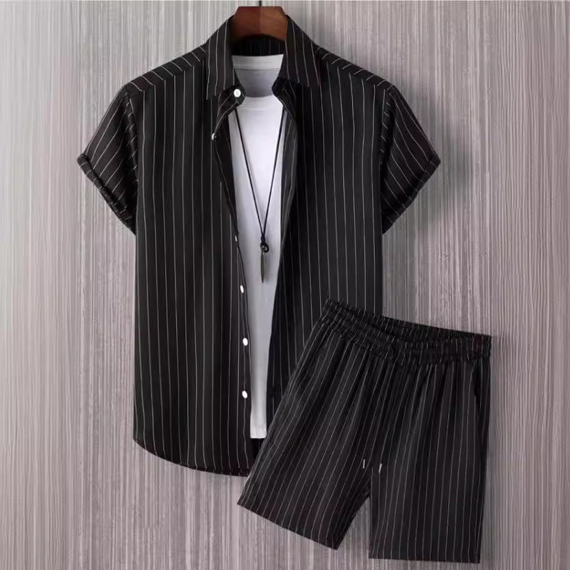 Men's Short-Sleeve Striped Button Shirt & Shorts Suit