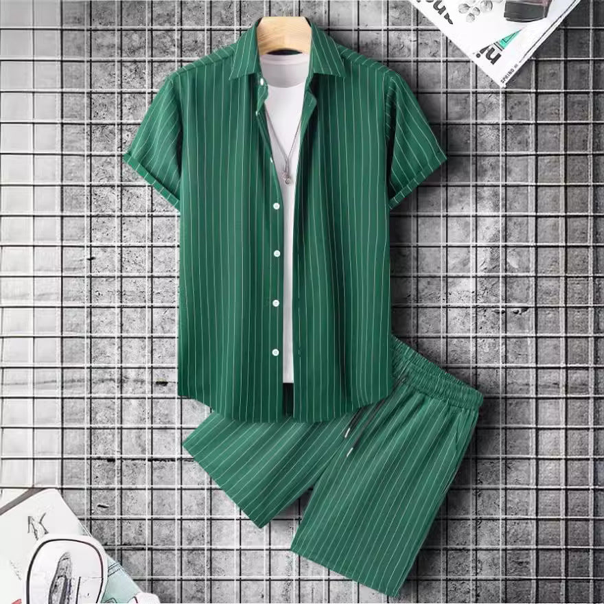 Men's Short-Sleeve Striped Button Shirt & Shorts Suit