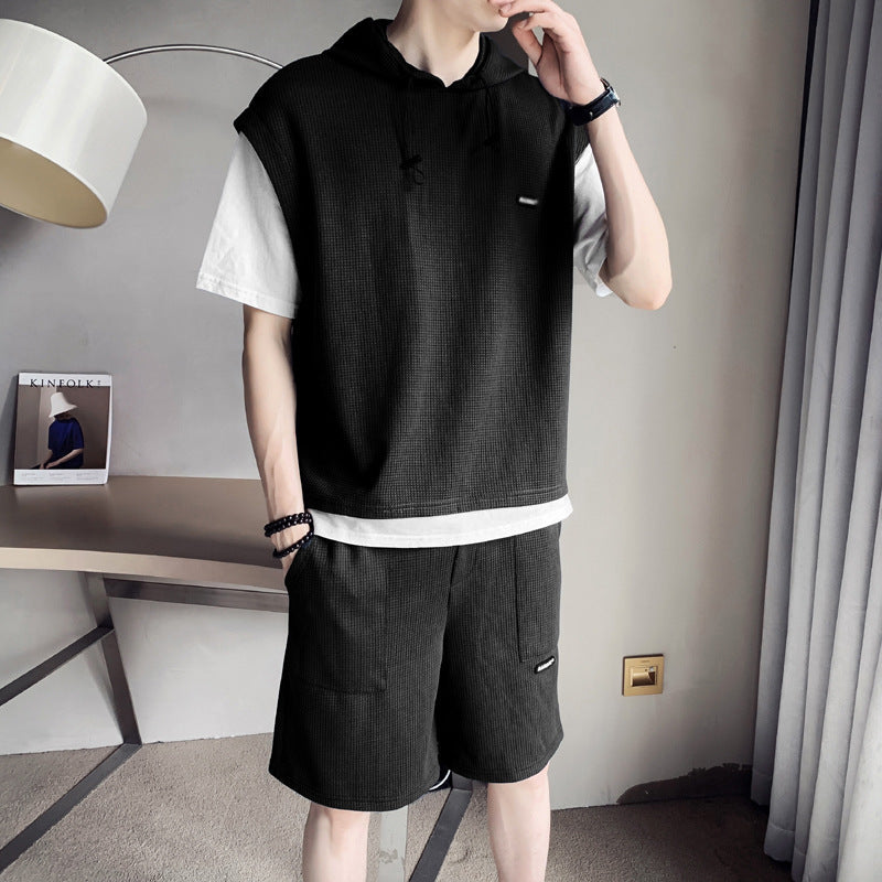 Men's Hooded Waffle Short-Sleeve T-Shirt & Shorts Suit
