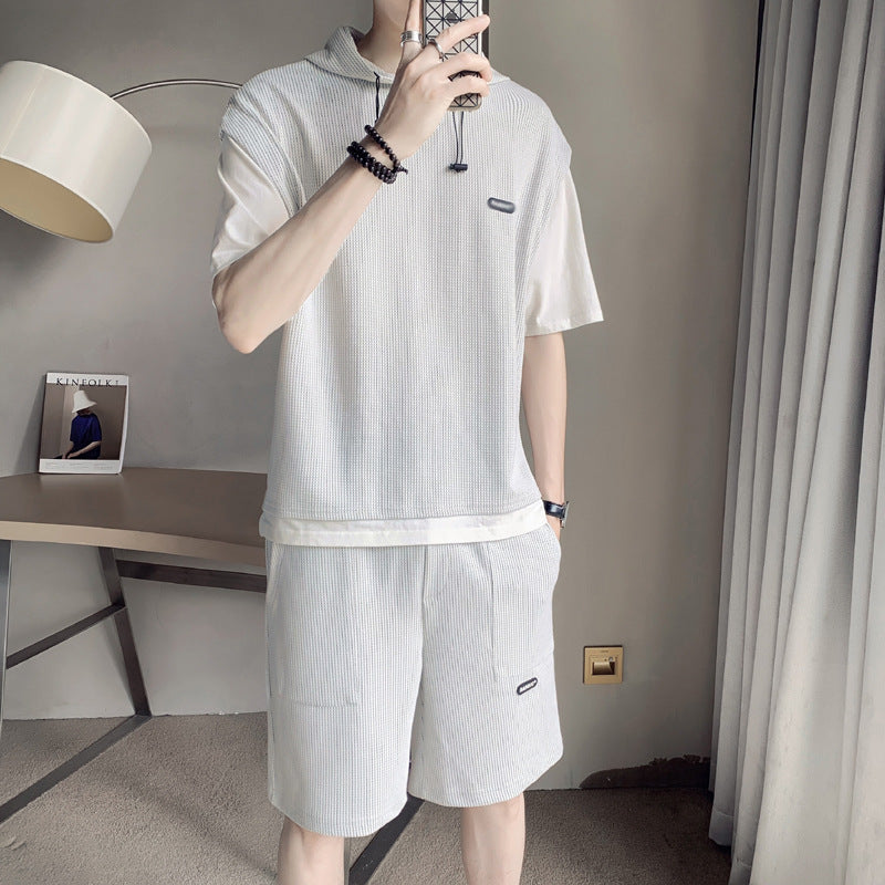 Men's Hooded Waffle Short-Sleeve T-Shirt & Shorts Suit